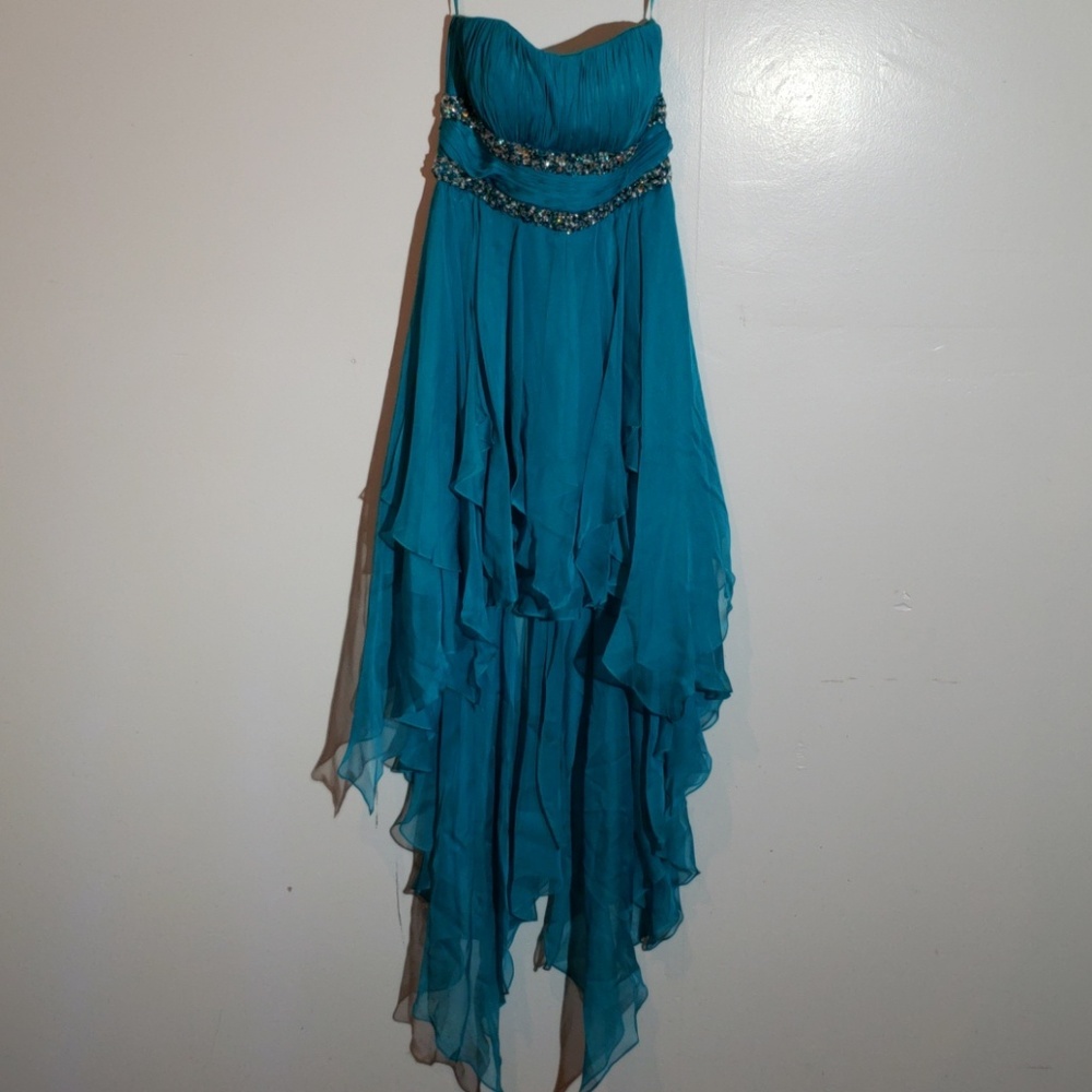 Eureka teal sequins details high low prom dress S